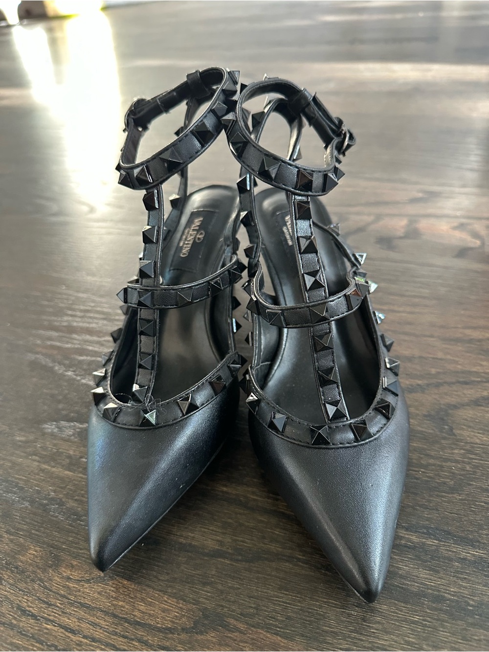 Valentino Black Pyramid-Stud T-Strap Pointed Toe Heels
